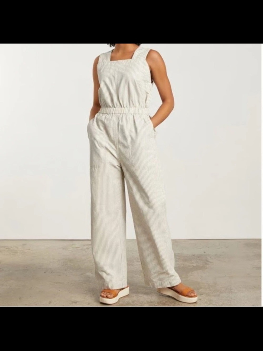 Everlane The Fatigue Apron Organic Cotton Linen BlendJumpsuit Navy Stripe 8
